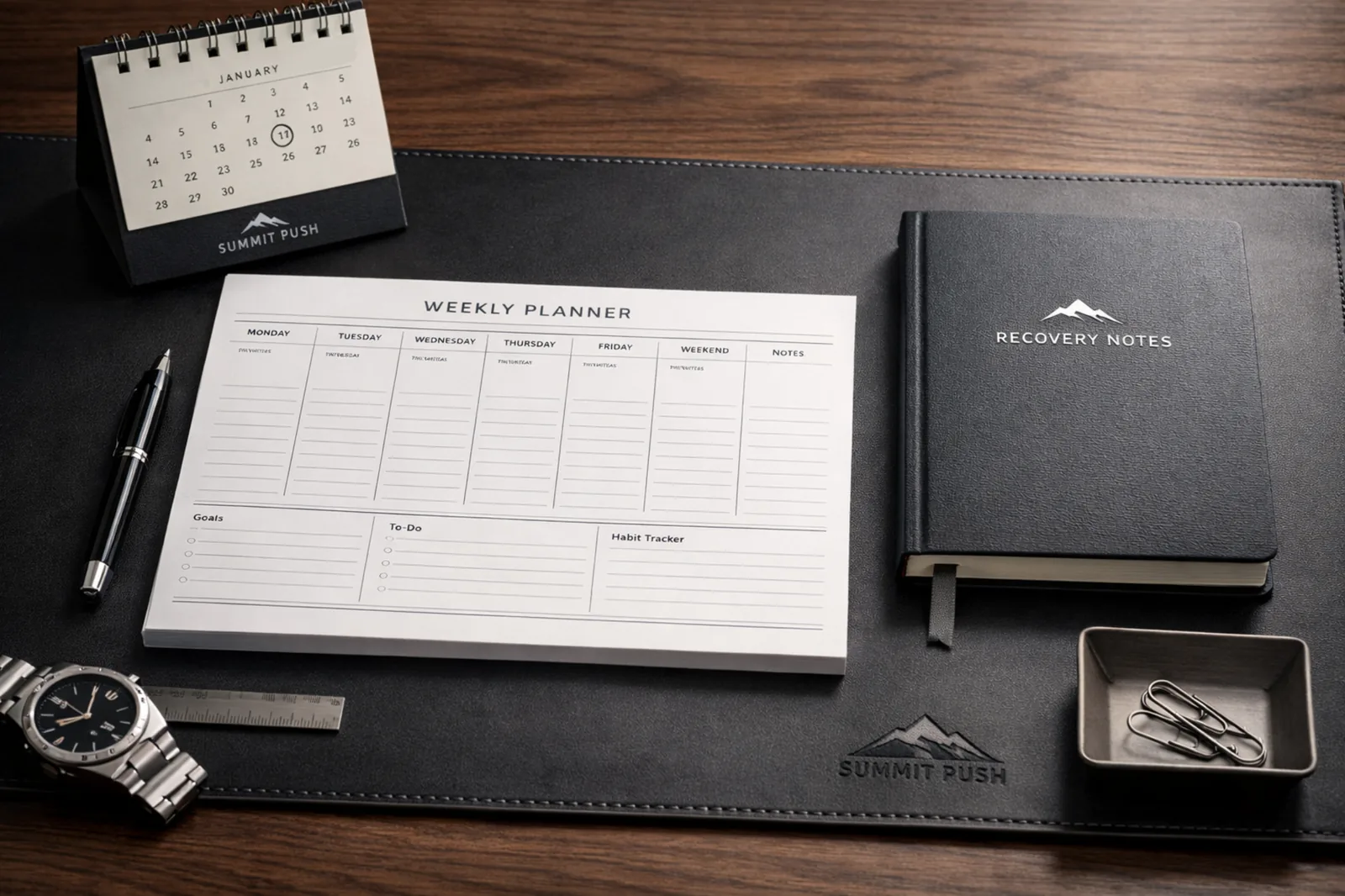 A Summit Push planning desk with a weekly planner, recovery notebook, calendar, and branded materials that reflect structure and intentional design.