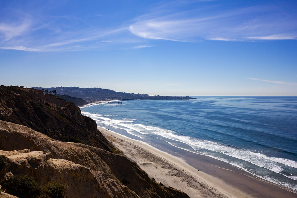 A San Diego coastal scene with ocean, cliffs, and beach, showing the calm natural setting the city is known for.